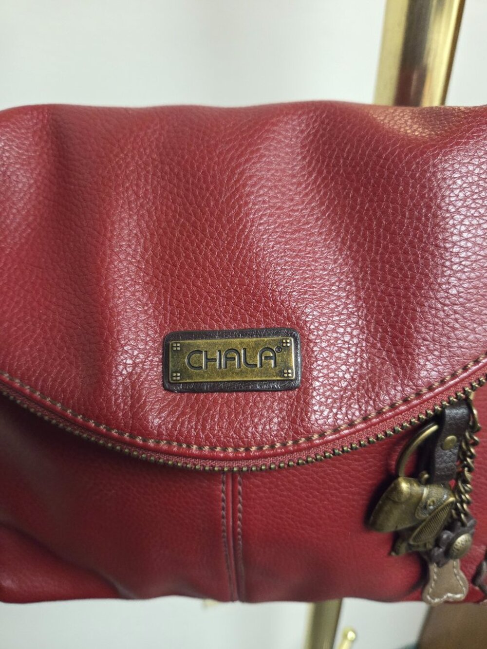 Red Chala Leather Crossbody Bag with Zipper Flap Top w/Paw Dog Theme Purse Charm - Picture 7 of 8